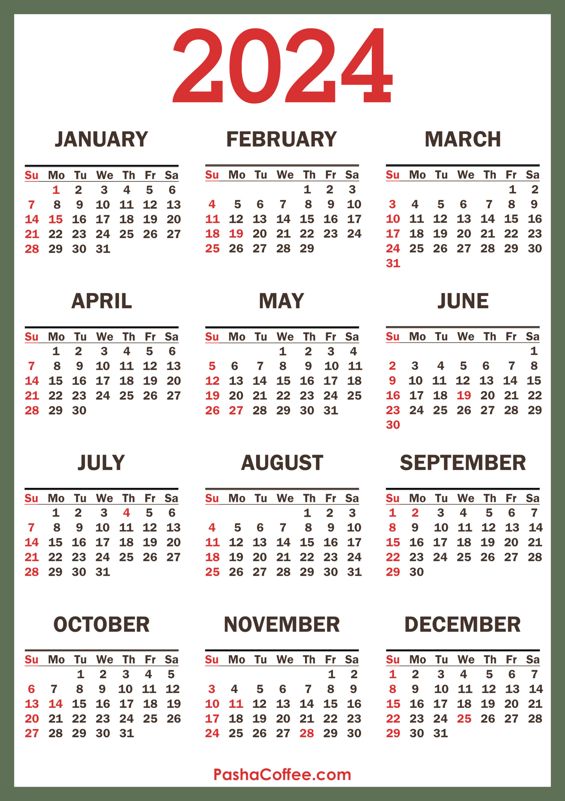 2024 Calendar With Holidays, Printable Free, Vertical | 2024 Calendar Printable PDF