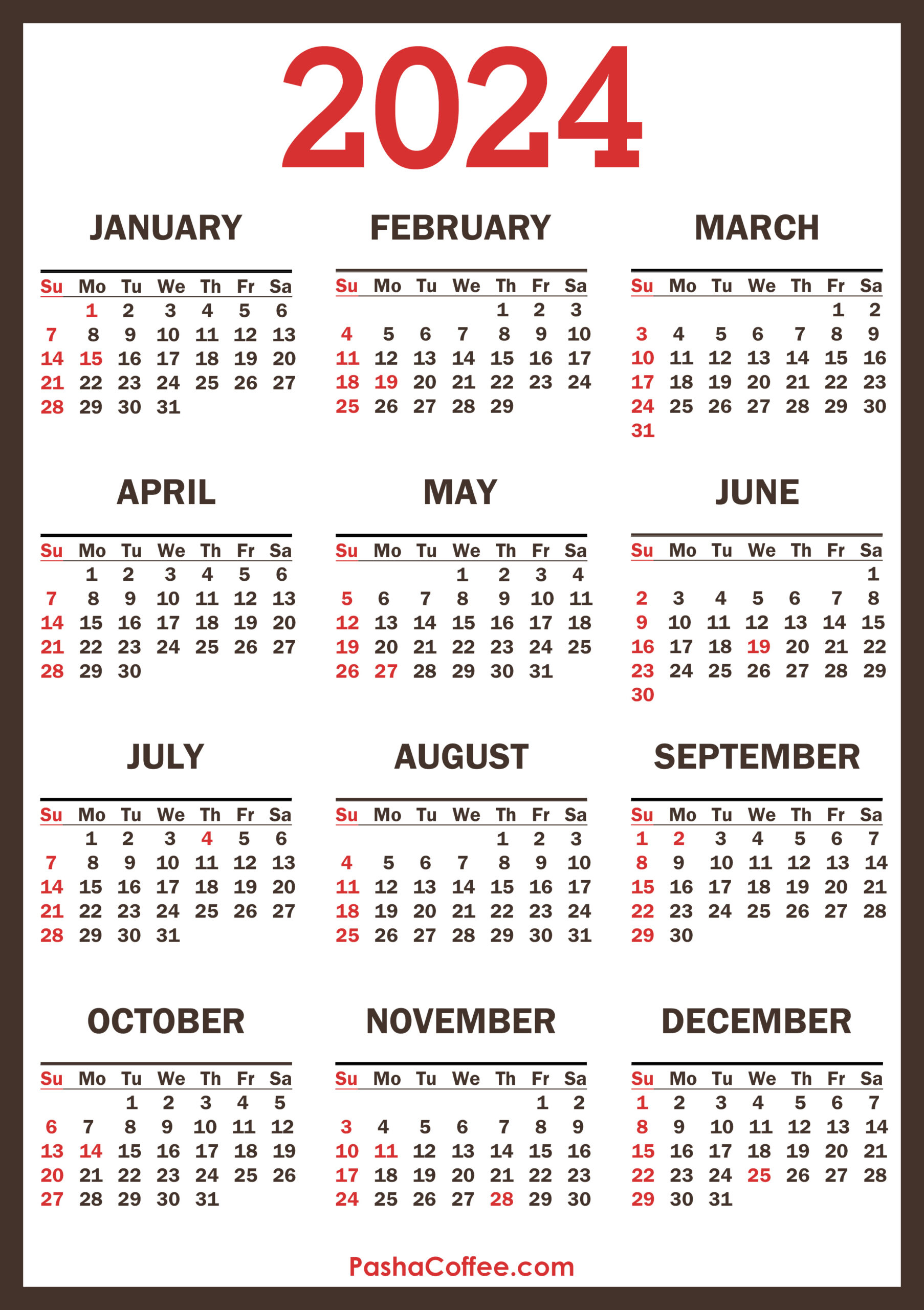 2024 Calendar With Holidays, Printable Free, Vertical, Brown | 2024 Calendar Free Printable One Page