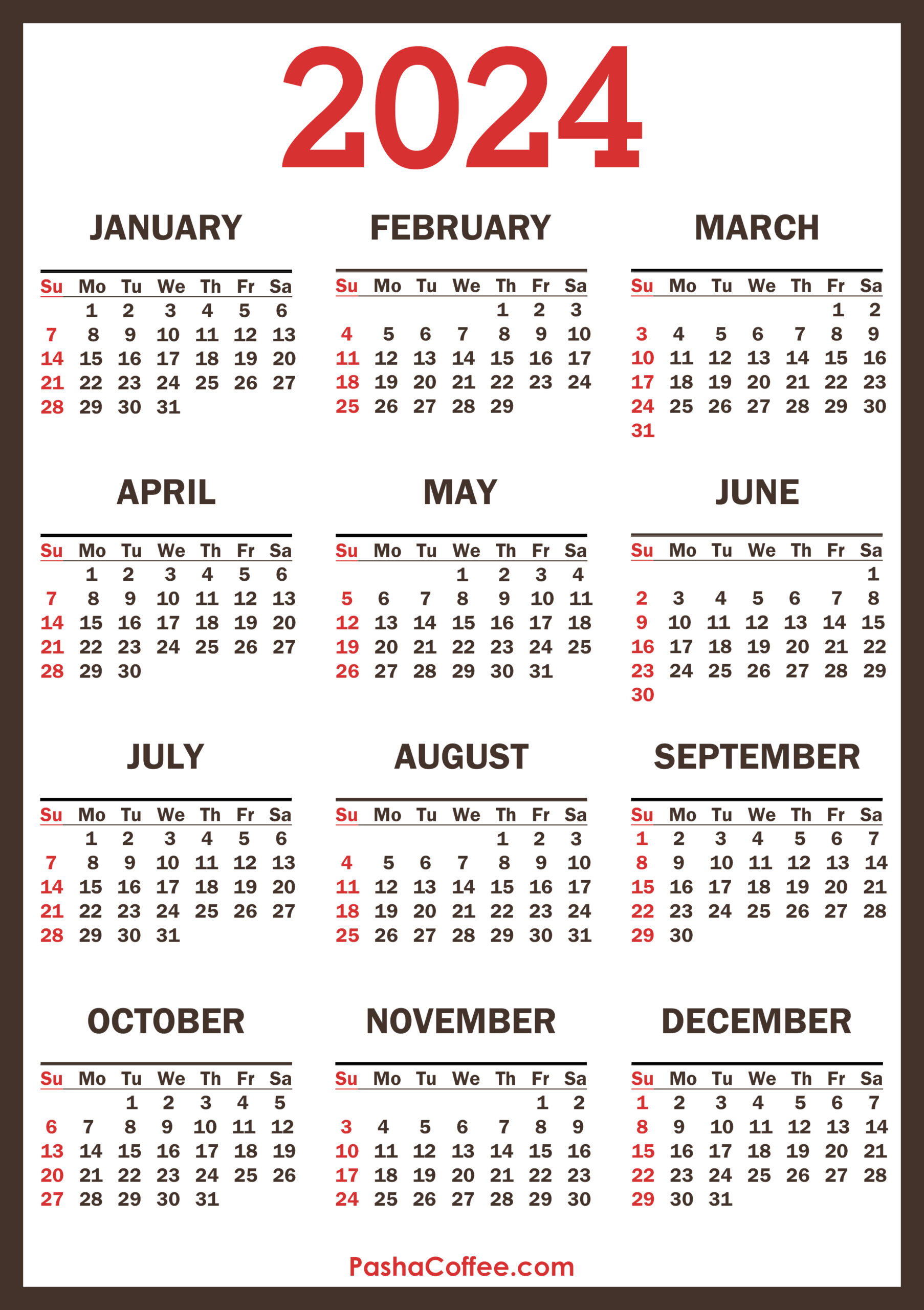 2024 Calendar With Holidays, Printable Free, Vertical, Brown | 2024 Free Printable Monthly Calendar with Holidays