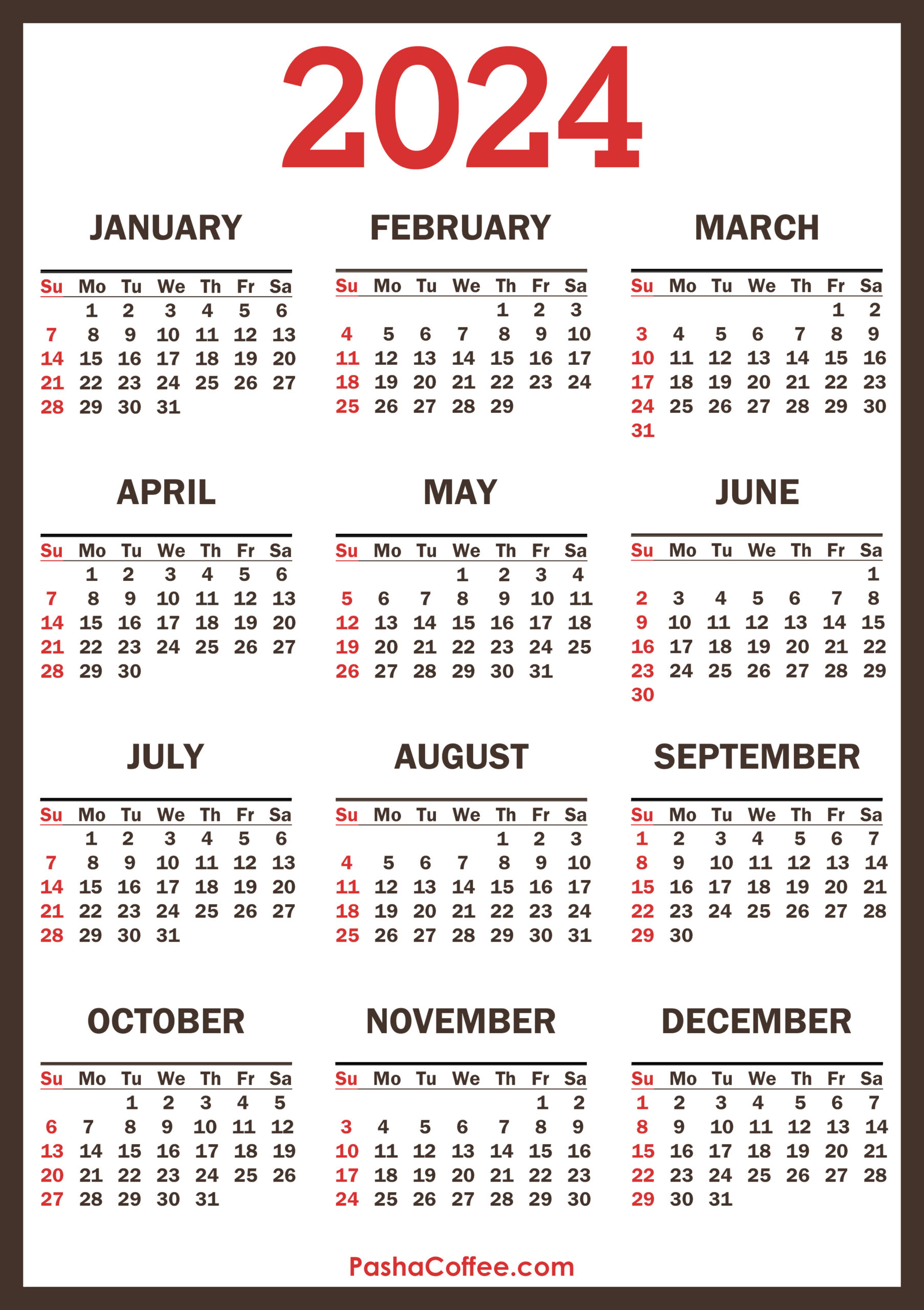 2024 Calendar With Holidays, Printable Free, Vertical, Brown | 2024 Printable Calendar One Page Free