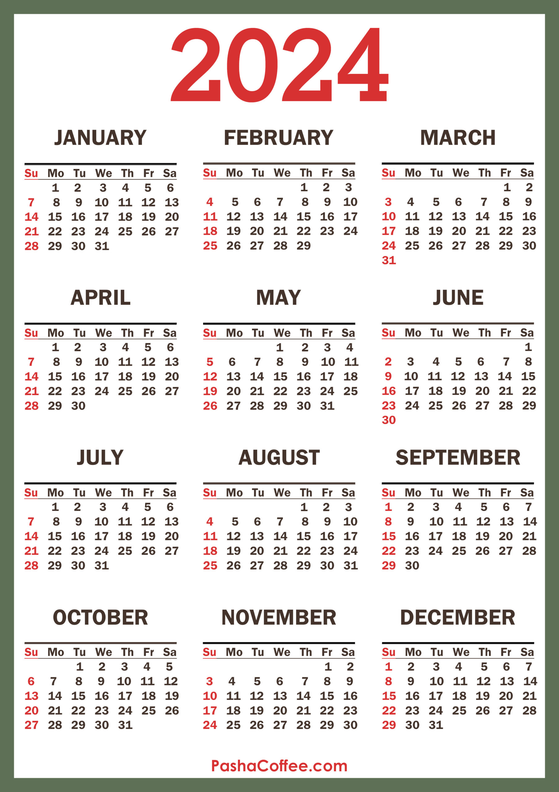 2024 Calendar With Holidays, Printable Free, Vertical, Green | 2024 at a Glance Calendar Printable