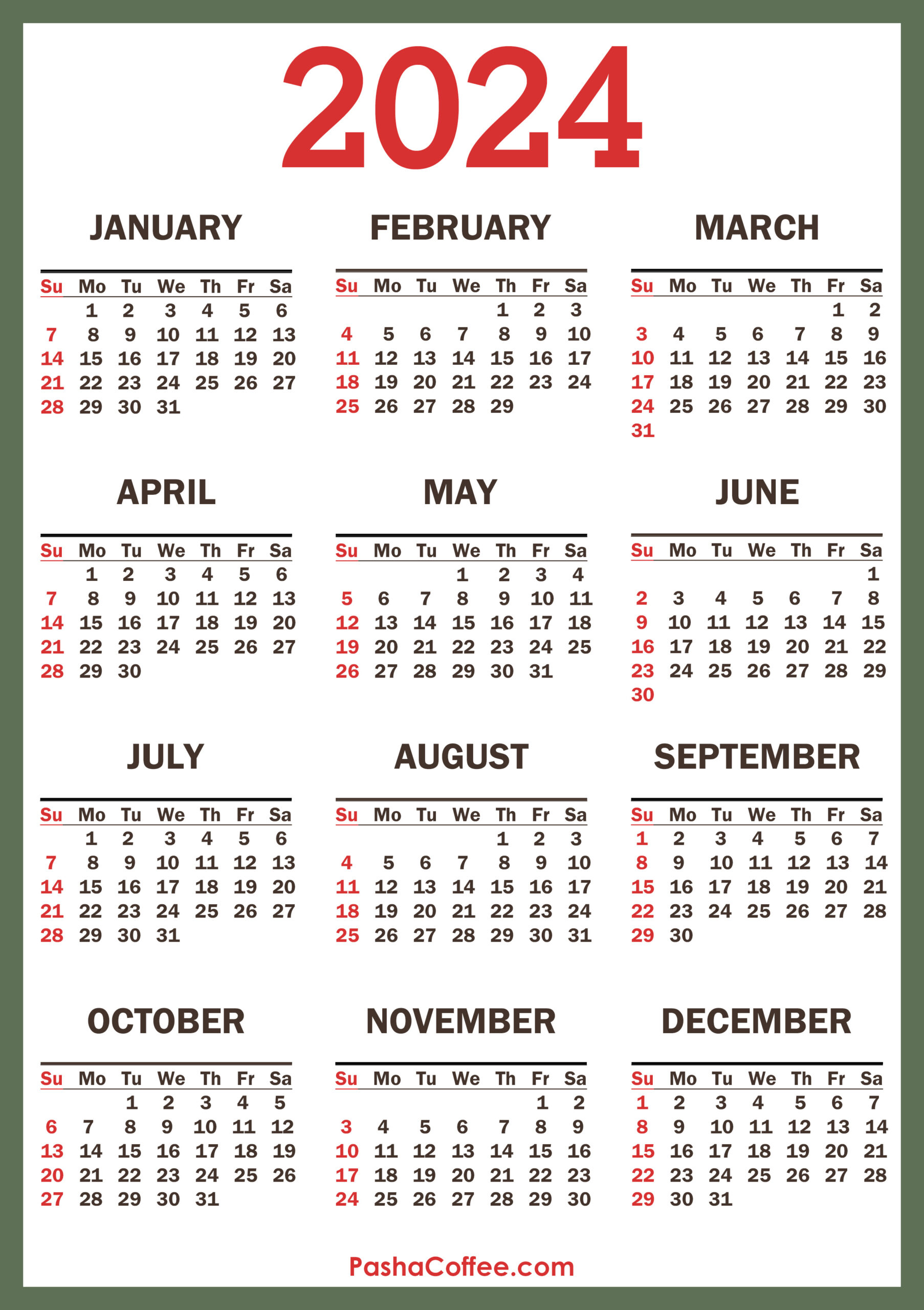 2024 Calendar With Holidays, Printable Free, Vertical, Green | Yearly Calendar 2024 Printable Free