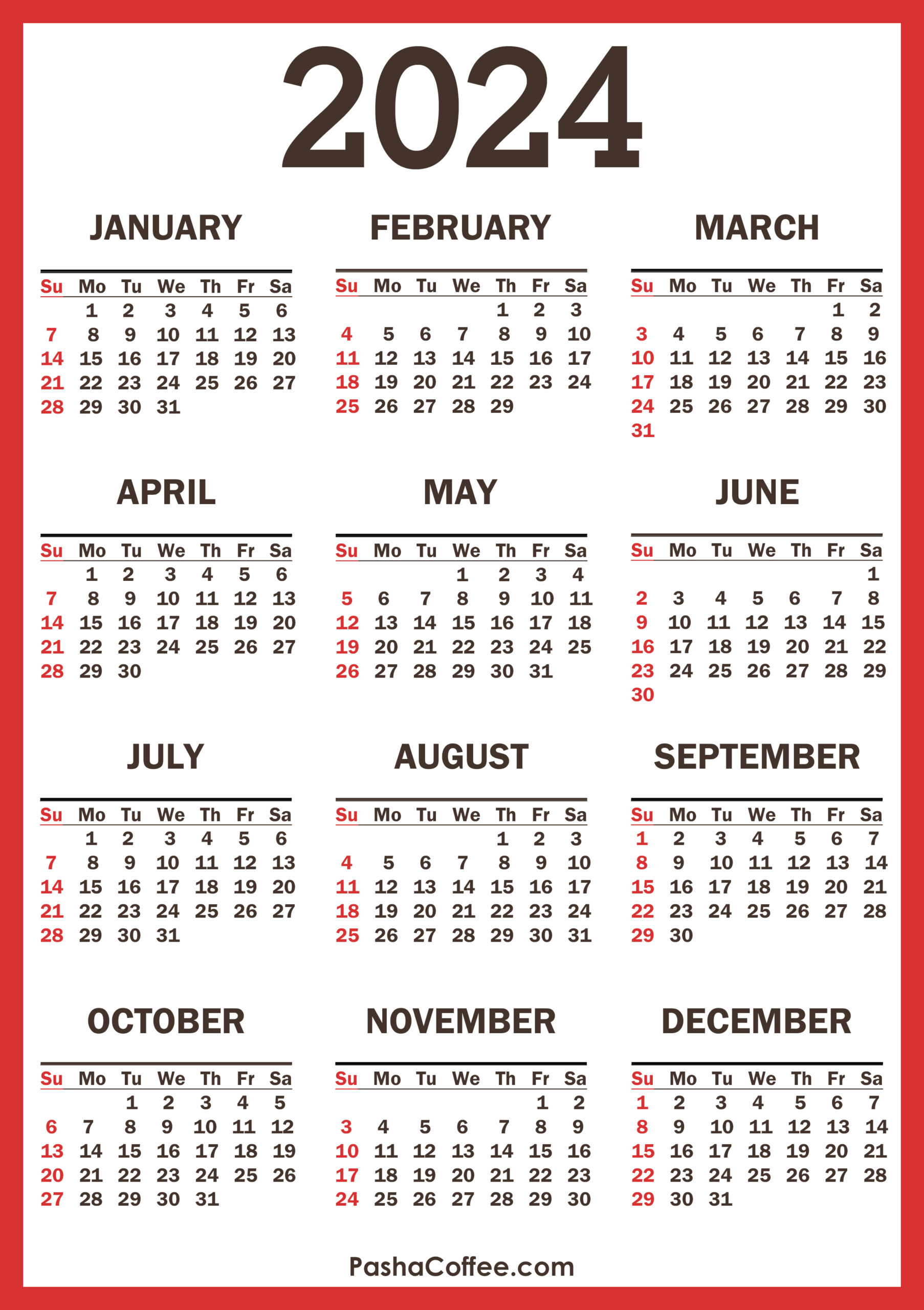 2024 Calendar With Holidays, Printable Free, Vertical, Red | 2024 Calendar Free Printable With Holidays