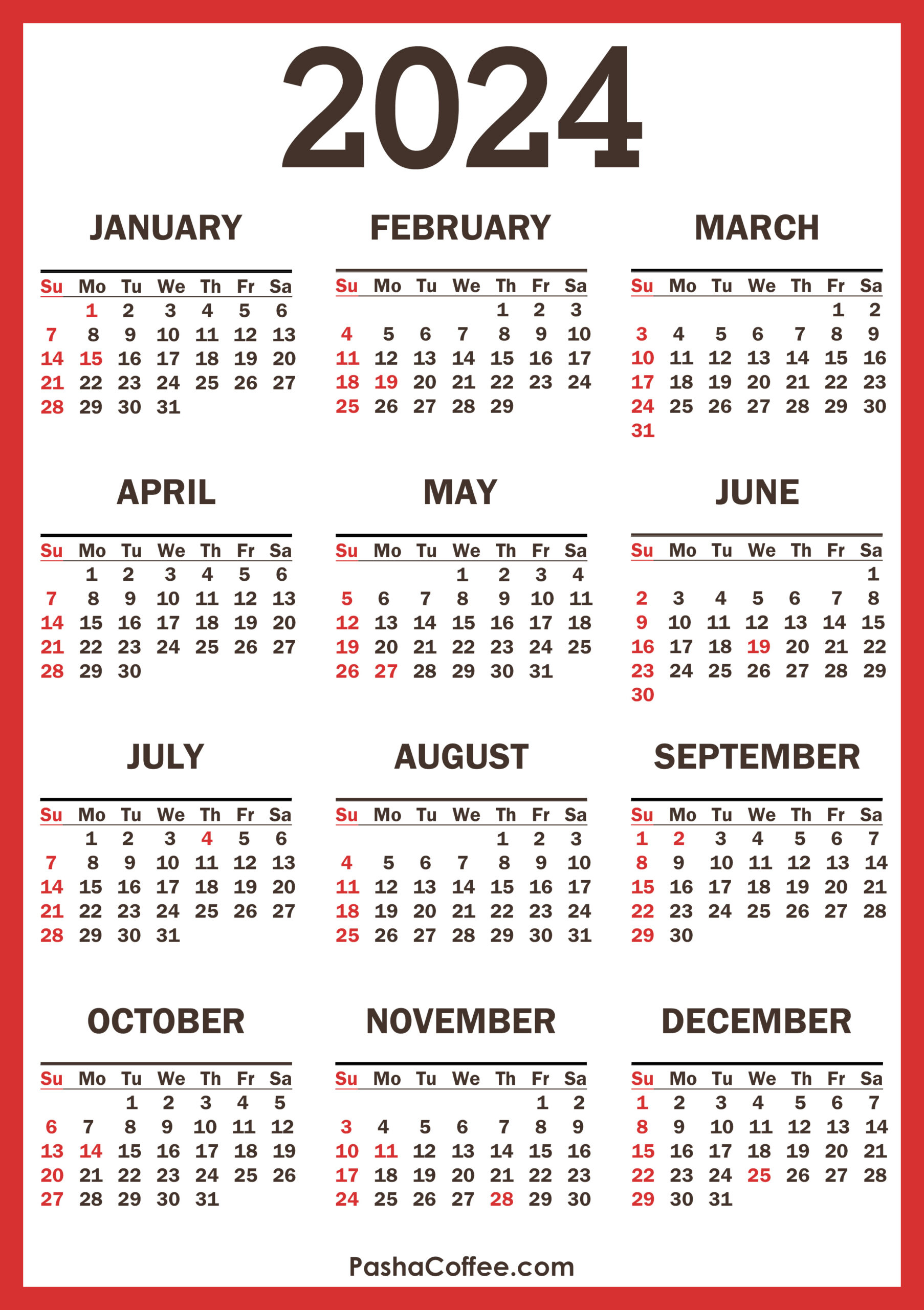 2024 Calendar With Holidays, Printable Free, Vertical, Red | 2024 Printable Holiday Calendar
