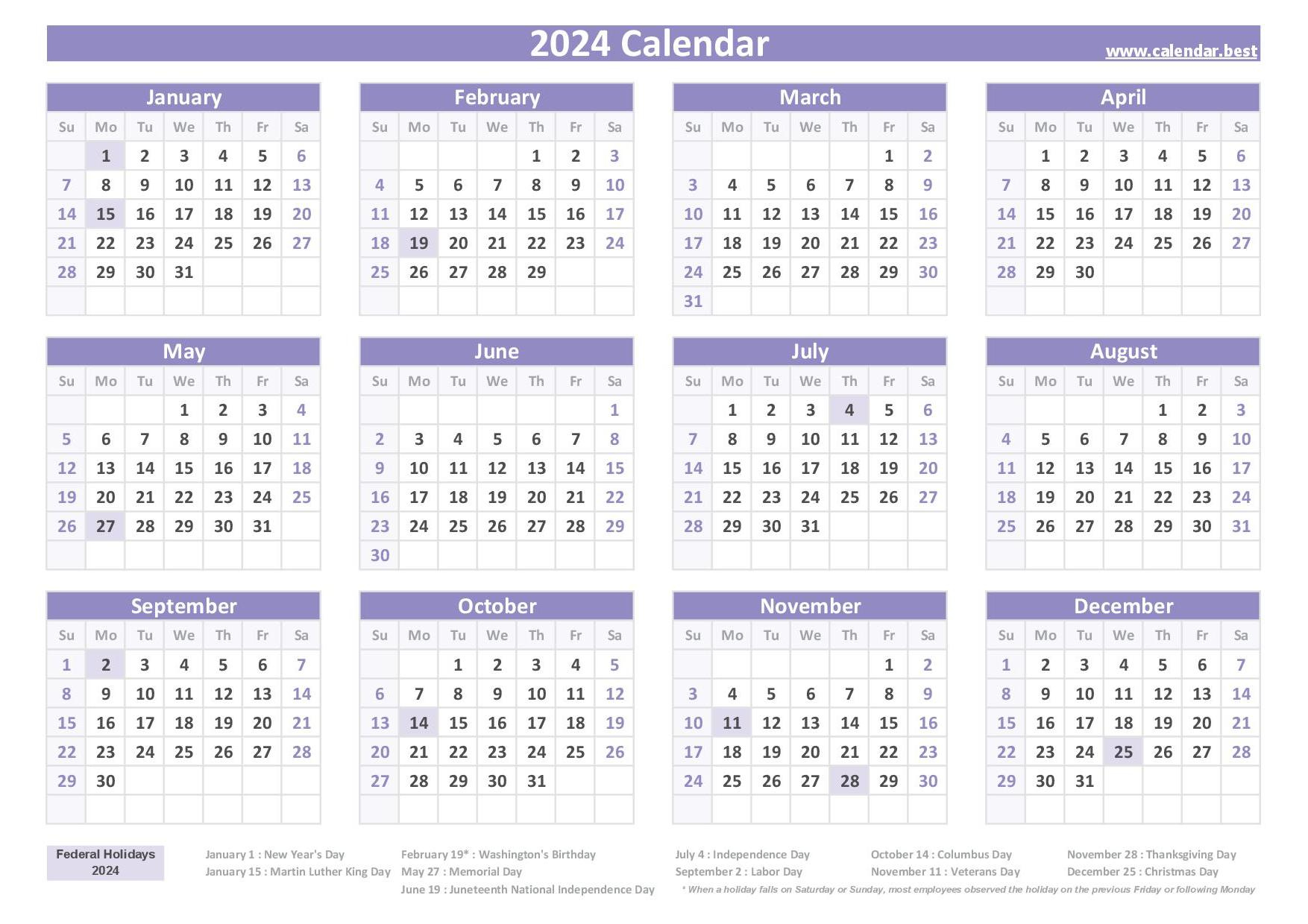 2024 Calendar With Holidays (Us Federal Holidays) | 2024 Calendar With Federal Holidays Printable Free