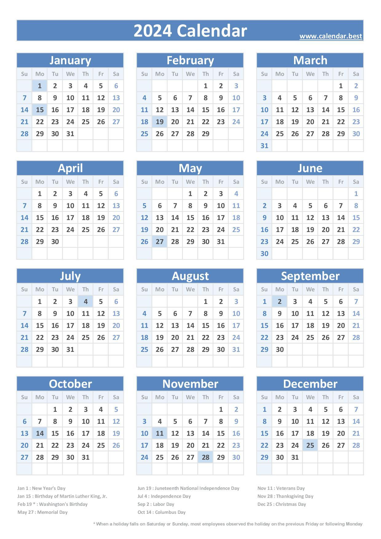 2024 Calendar with Federal Holidays Printable PDF | Calendar 2024 ...