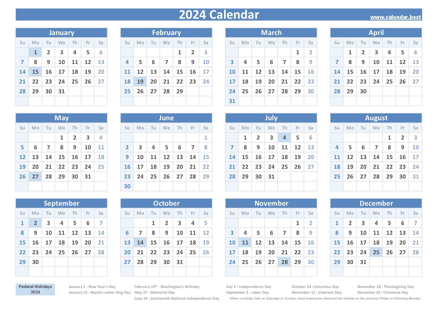 2024 Calendar With Holidays (Us Federal Holidays) | 2024 Printable Calendar One Page with Federal Holidays