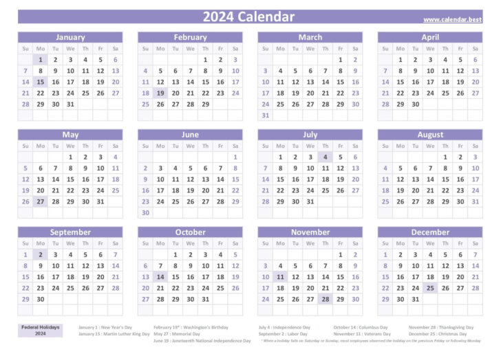 2024 Printable Calendar with Federal Holidays | Calendar 2024