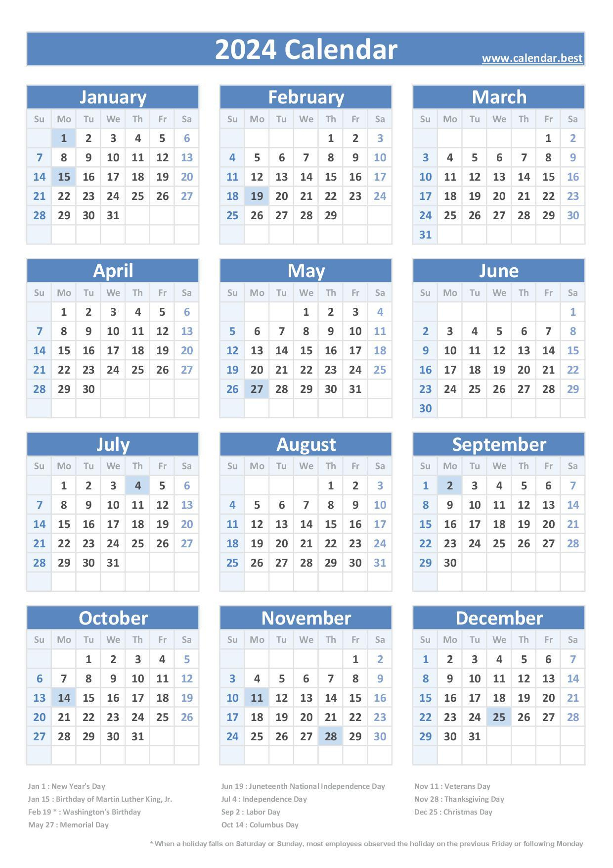 2024 Calendar With Holidays (Us Federal Holidays) | Free Printable Calendar 2024 With Us Holidays