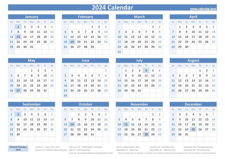 2024 Printable Yearly Calendar with Holidays | Calendar 2024