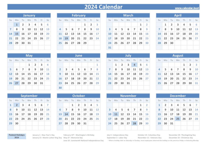 Free 2024 Calendar with Holidays Printable PDF | Calendar 2024