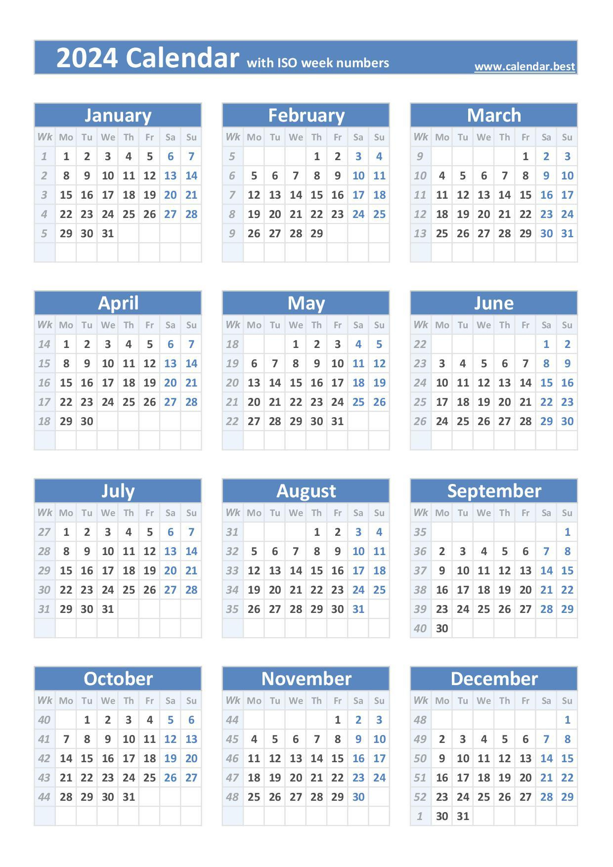 2024 Calendar With Week Numbers (Us And Iso Week Numbers) | 2024 Calendar with Week Numbers Printable