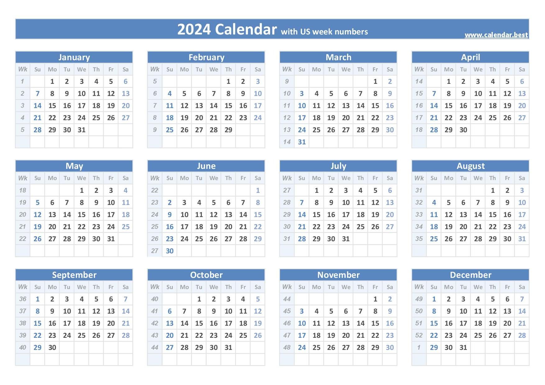 2024 Calendar With Week Numbers (Us And Iso Week Numbers) | 2024 Calendar with Weeks Printable