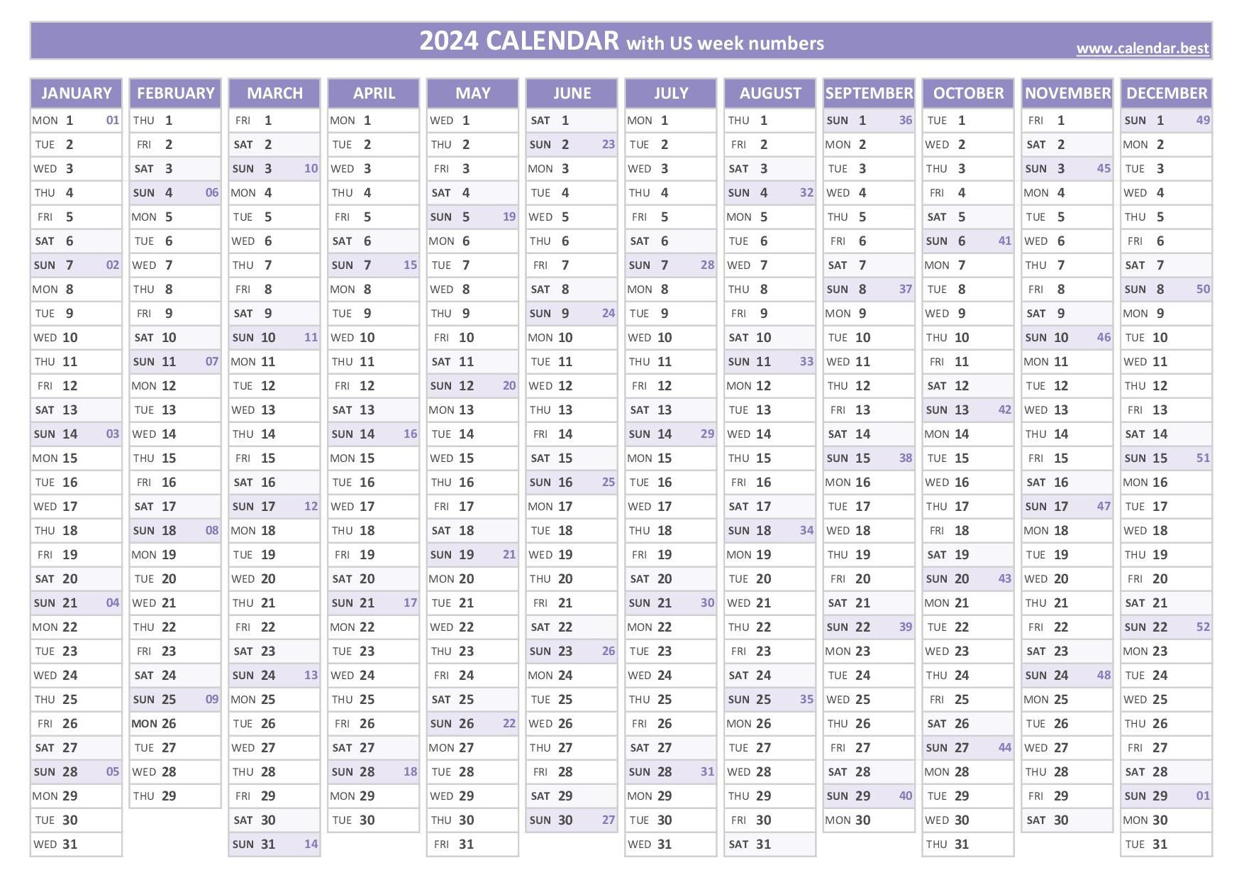 2024 Calendar With Week Numbers (Us And Iso Week Numbers) |  Calendar 2024