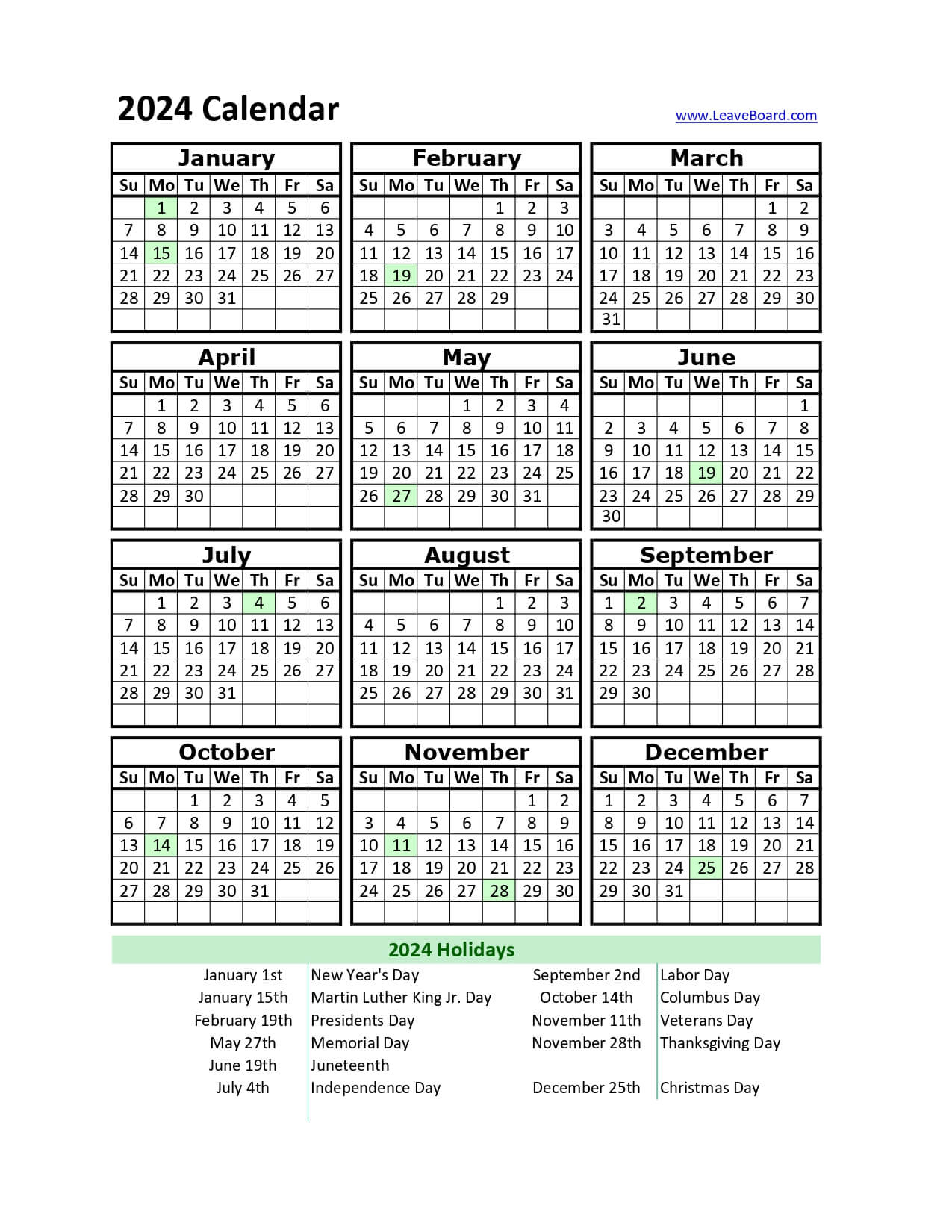 2024 Calendar - Yearly - Monthly - Free - Printable - Template |  Calendar 2024