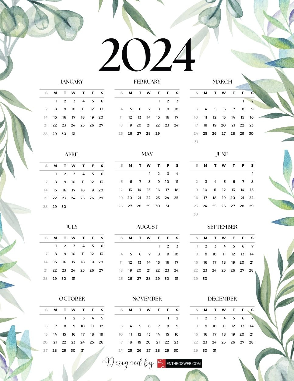 2024 Calendars – Free Printable Calendar Designs | Entheosweb | Printable 2024 Calendar PDF