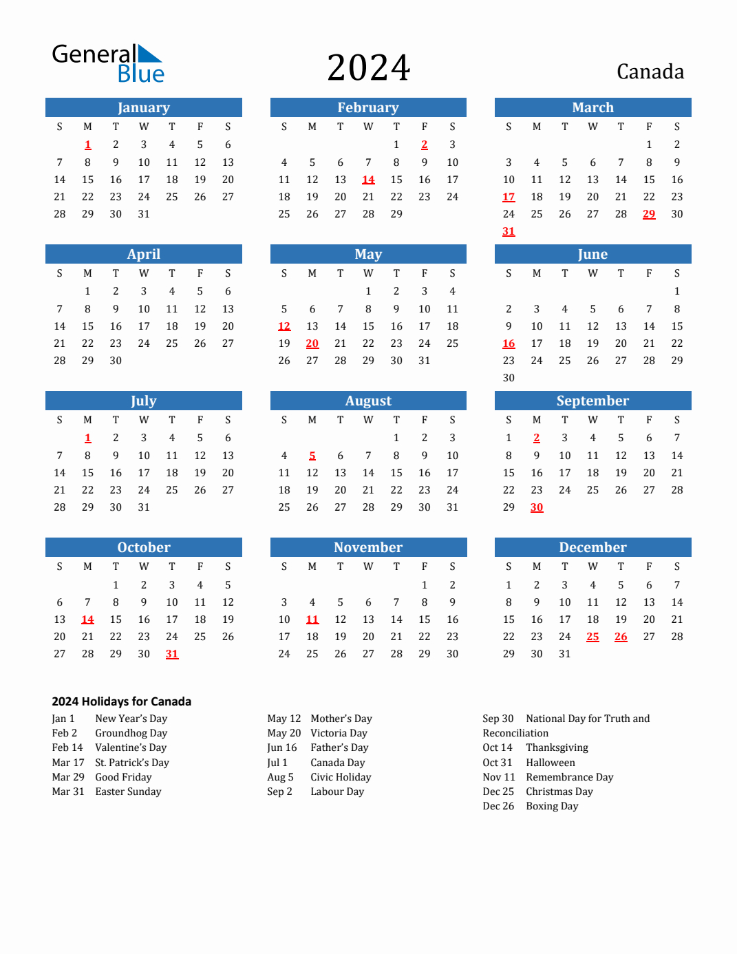 2024 Canada Calendar With Holidays | 2024 Calendar with Canadian Holidays Printable