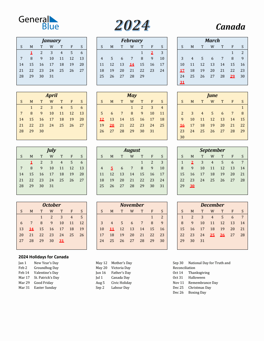 2024 Canada Calendar With Sunday Start | 2024 Calendar Canada With Holidays Printable