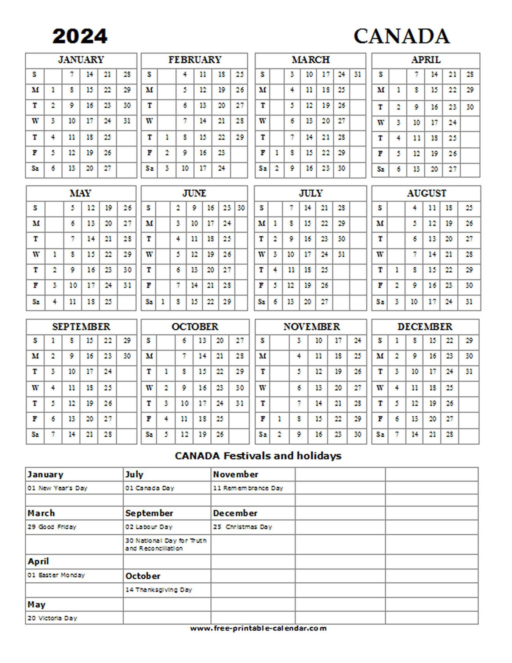 2024 Canada Holiday Calendar - Free-Printable-Calendar | 2024 Calendar Canada Printable Free