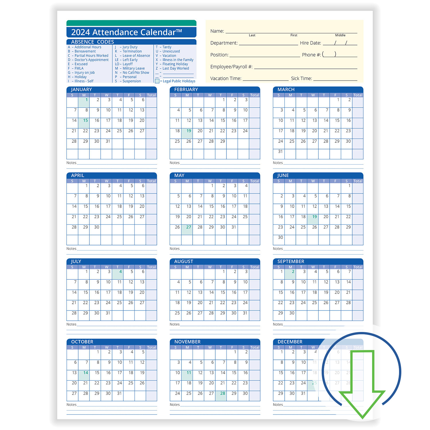 2024 Attendance Calendar Printable | Calendar 2024 | Printable Calendar ...