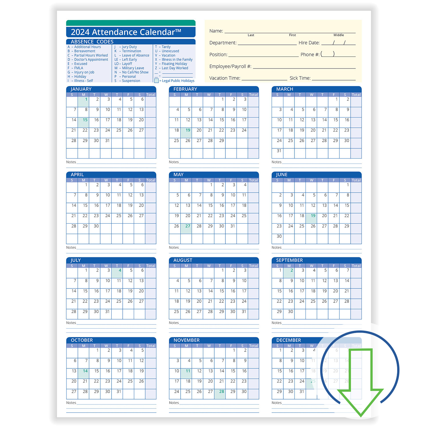 2024 Downloadable Employee Attendance Calendar | Hrdirect | 2024 Employee Attendance Calendar Printable