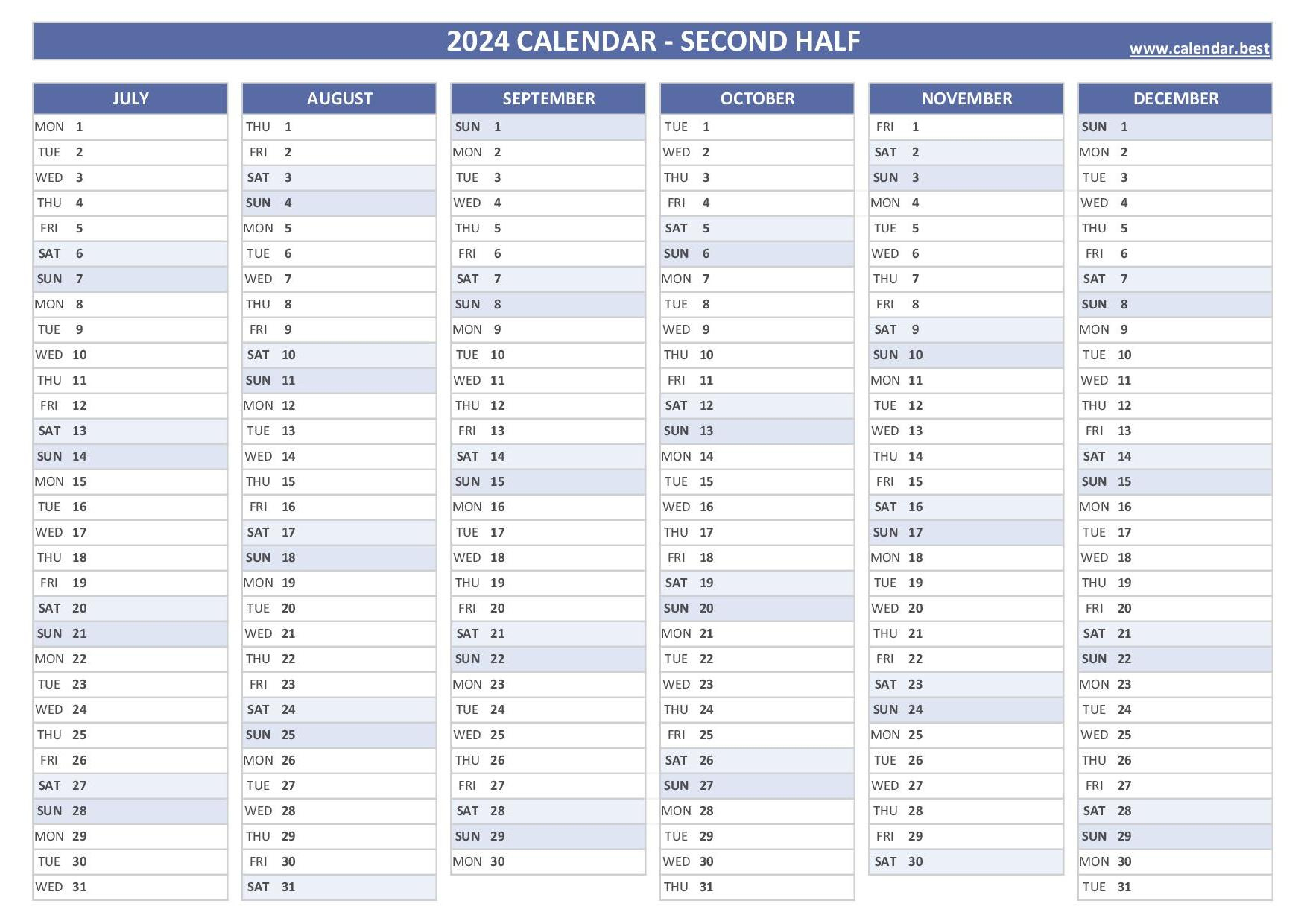 2024 Half Year Calendar To Print |  Calendar 2024