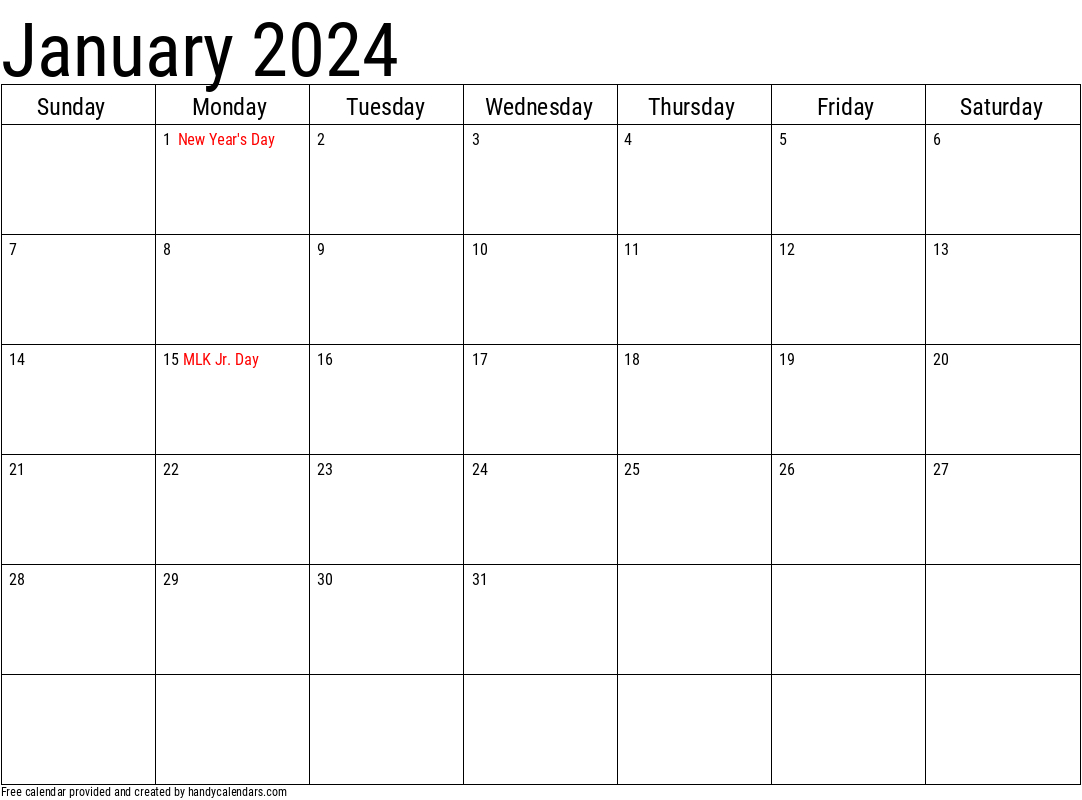 2024 January Calendars - Handy Calendars | 2024 Monthly Calendar Printable with Holidays