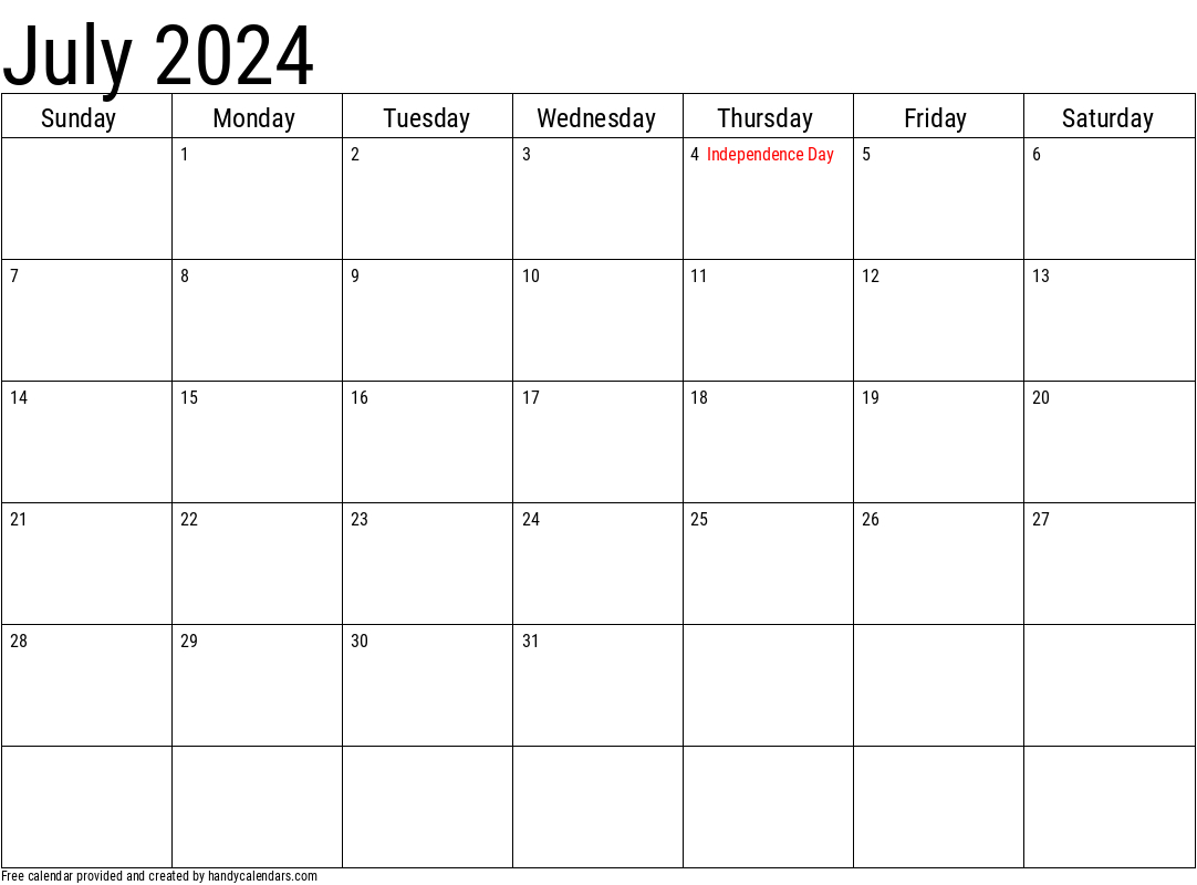 2024 July Calendars - Handy Calendars | 2024 Monthly Calendar with Holidays Printable Free