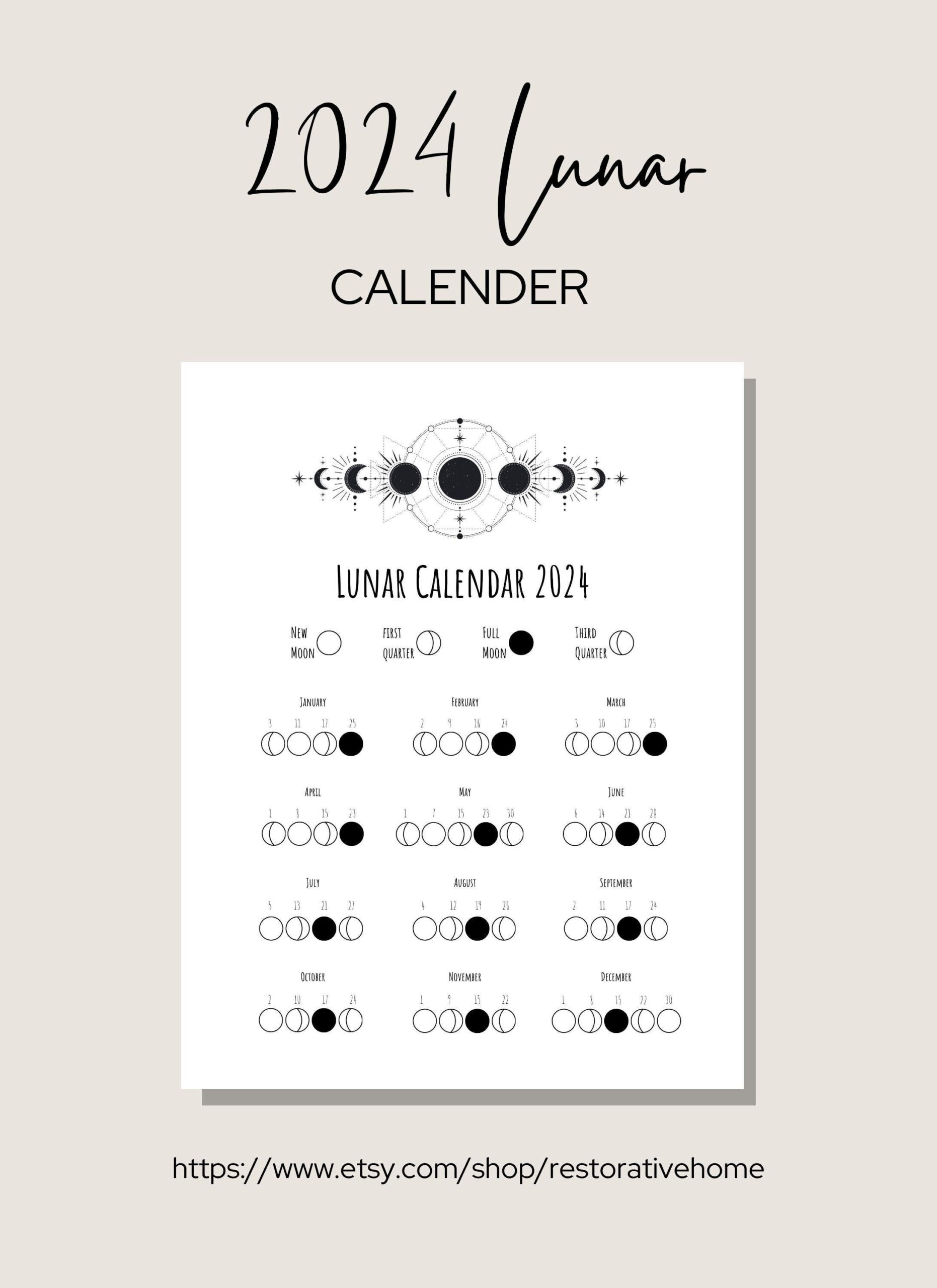 2024 Lunar Calendar Printable Moon Phase Calendar 8.5&amp;#039;&amp;#039; X 11 | 2024 Full Moon Calendar Printable