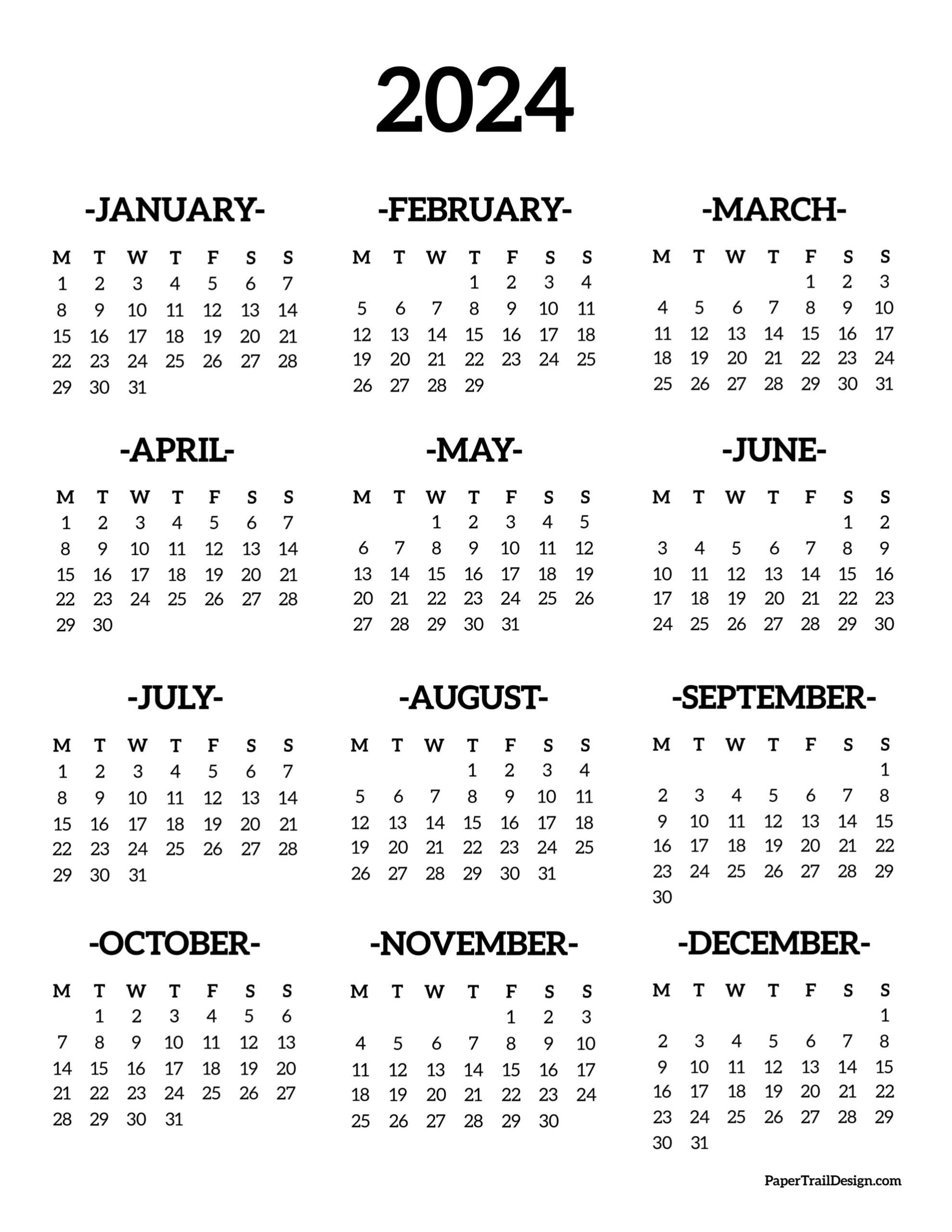 2024 Monday Start Calendar - One Page - Paper Trail Design |  Calendar 2024