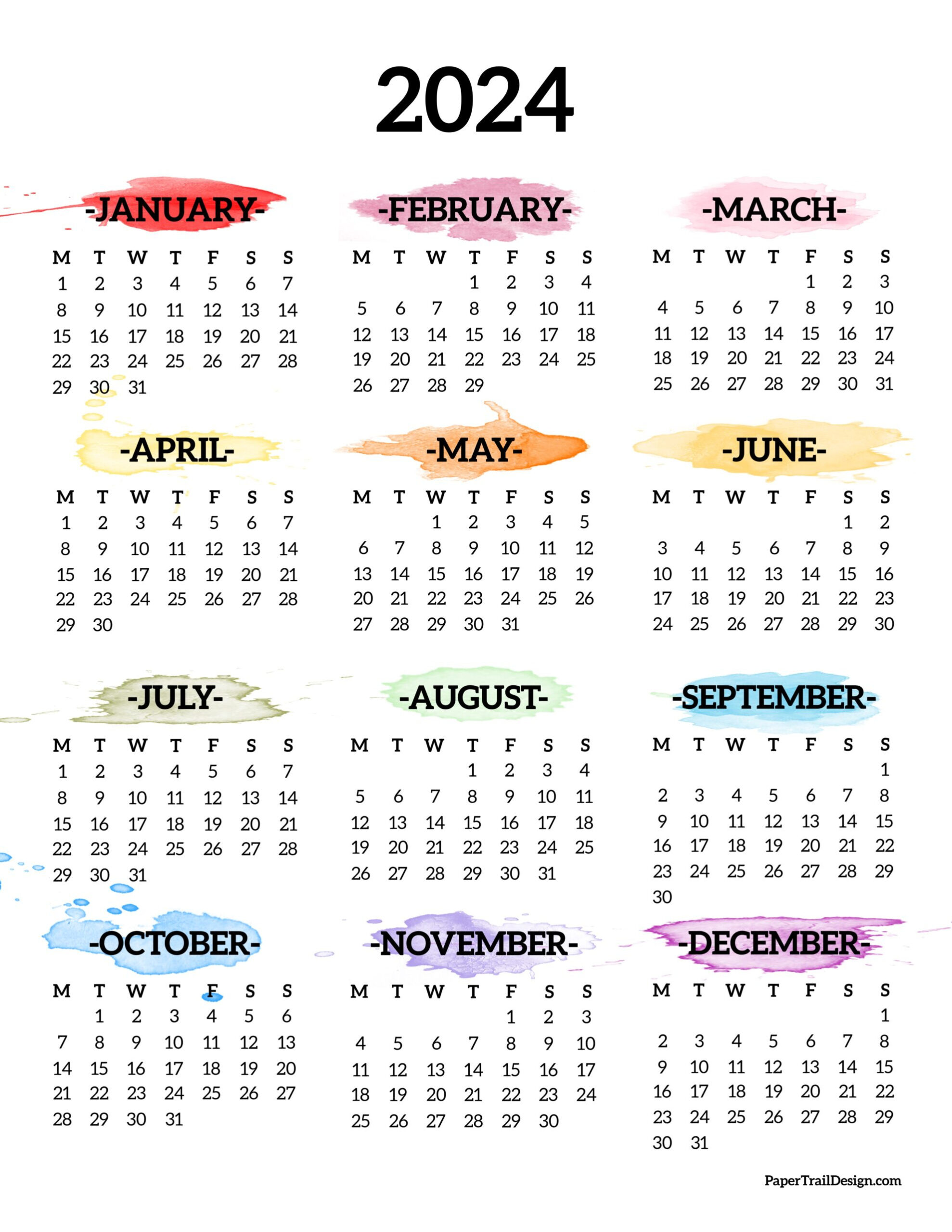 2024 Monday Start Calendar - One Page - Paper Trail Design |  Calendar 2024