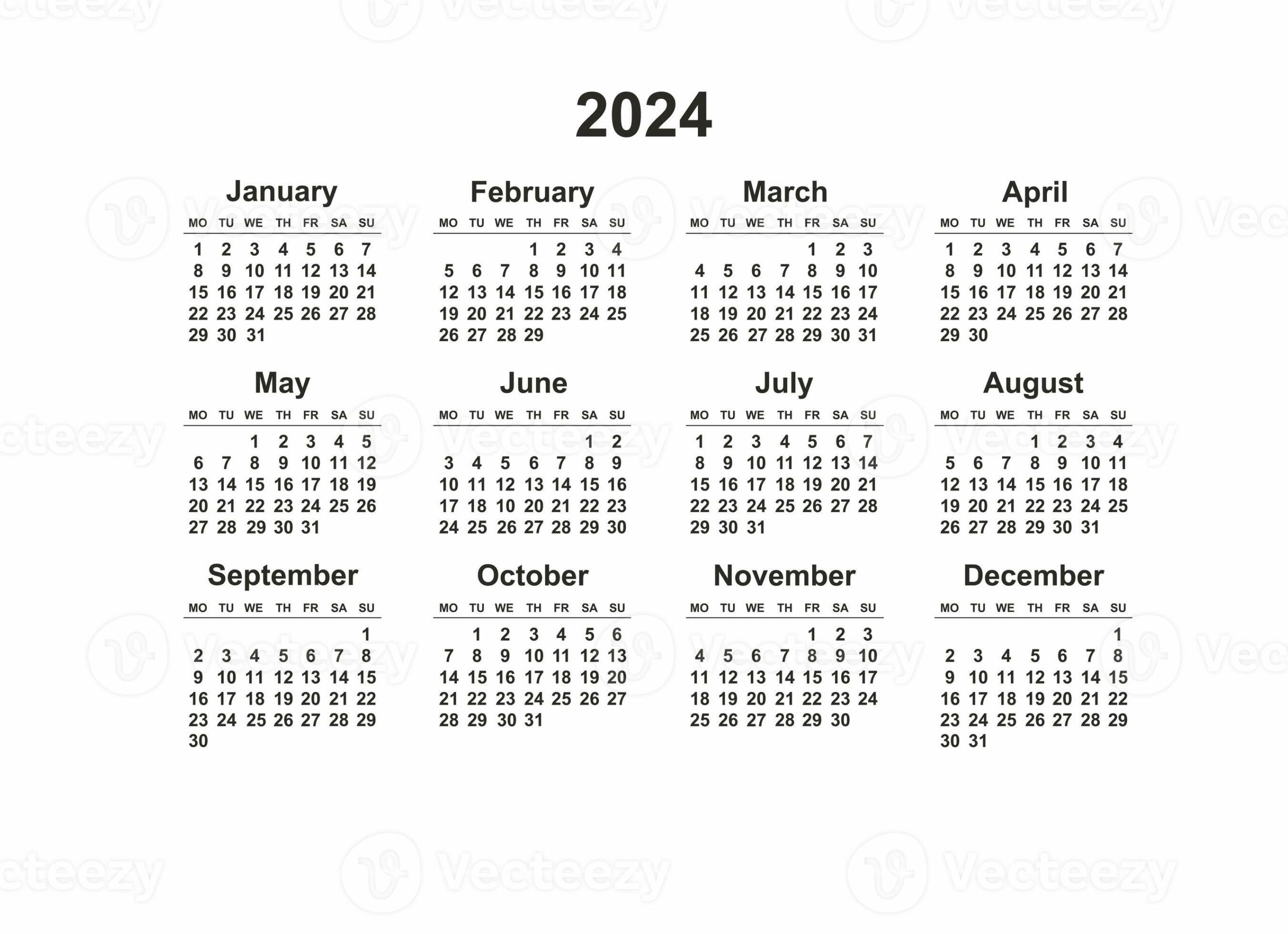 2024 Monday Start Horizontal Black And White Calendar Template |  Calendar 2024