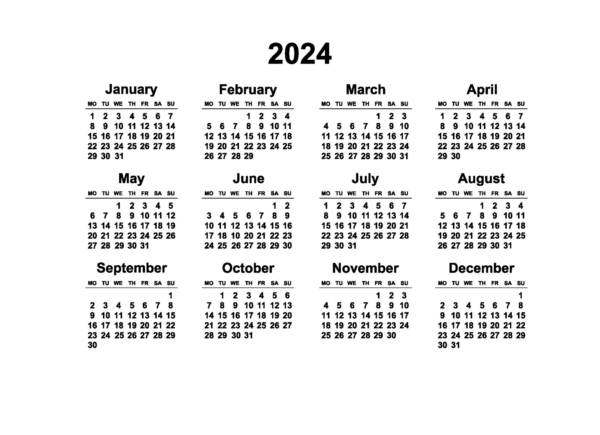 2024 Monday Start Horizontal Black And White Calendar Template | Printable Pocket Calendar 2024