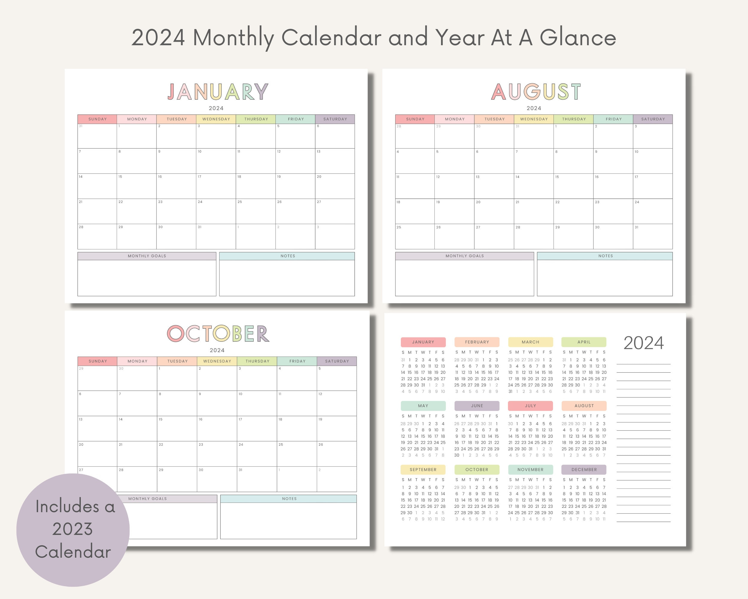 2024 Monthly Calendar Printable Year At A Glance Landscape - Etsy Uk | Printable Monthly Calendar 6 By 9 2020 To 2024