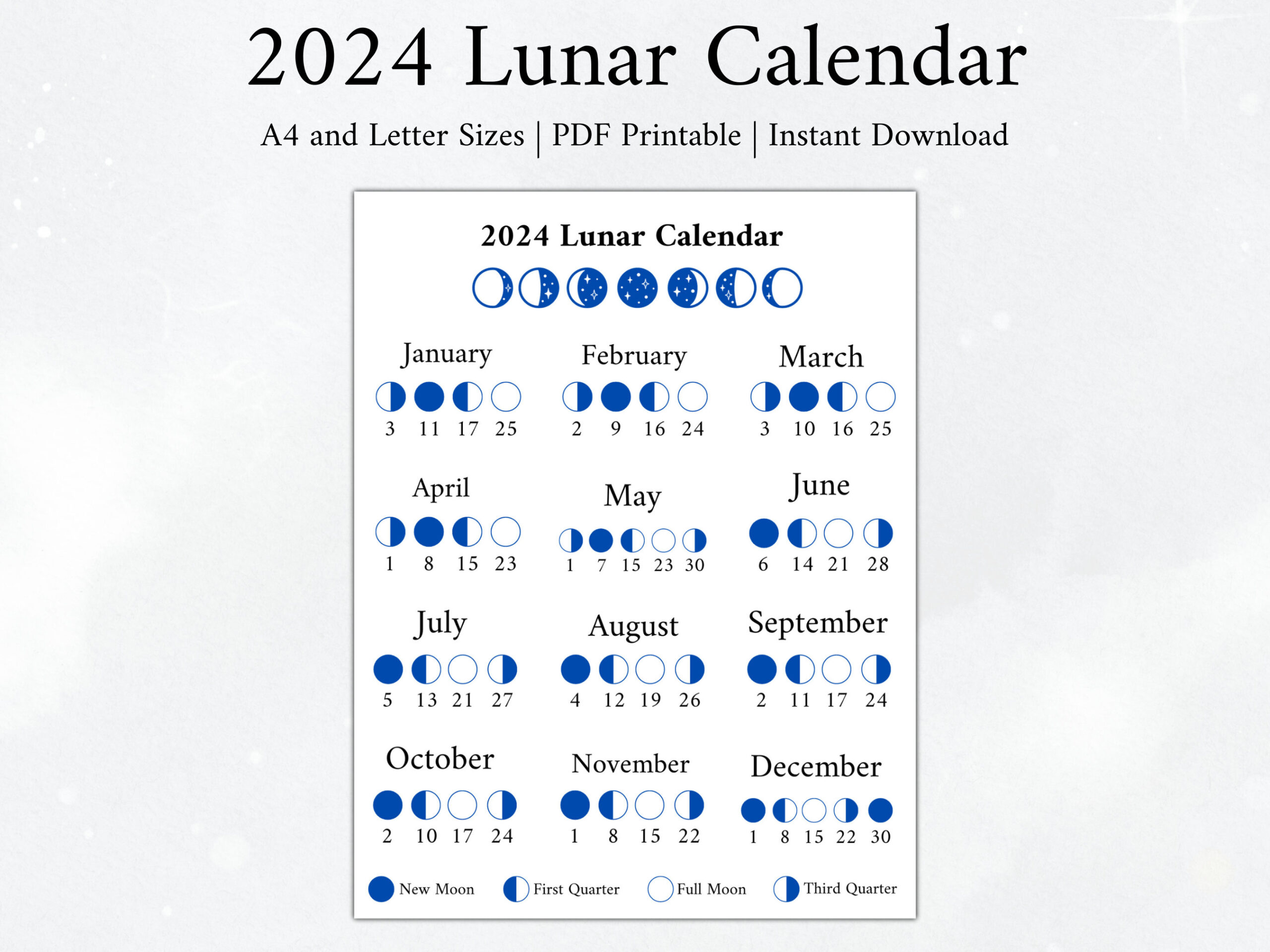 2024 Moon Calendar Moon Phase Calendar Lunar Calendar 2024 - Etsy | 2024 Lunar Calendar Printable