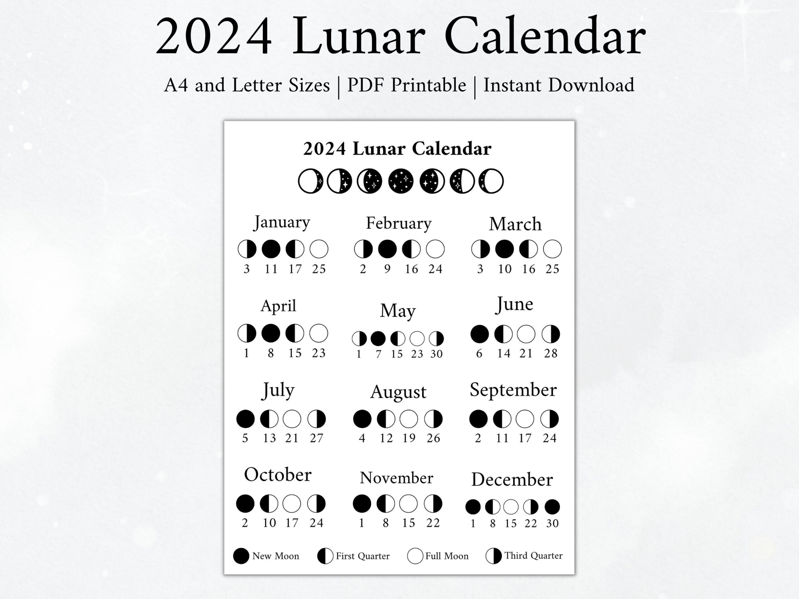 2024 Moon Calendar Moon Phase Calendar Lunar Calendar 2024 - Etsy Uk | Lunar Calendar 2024 Printable