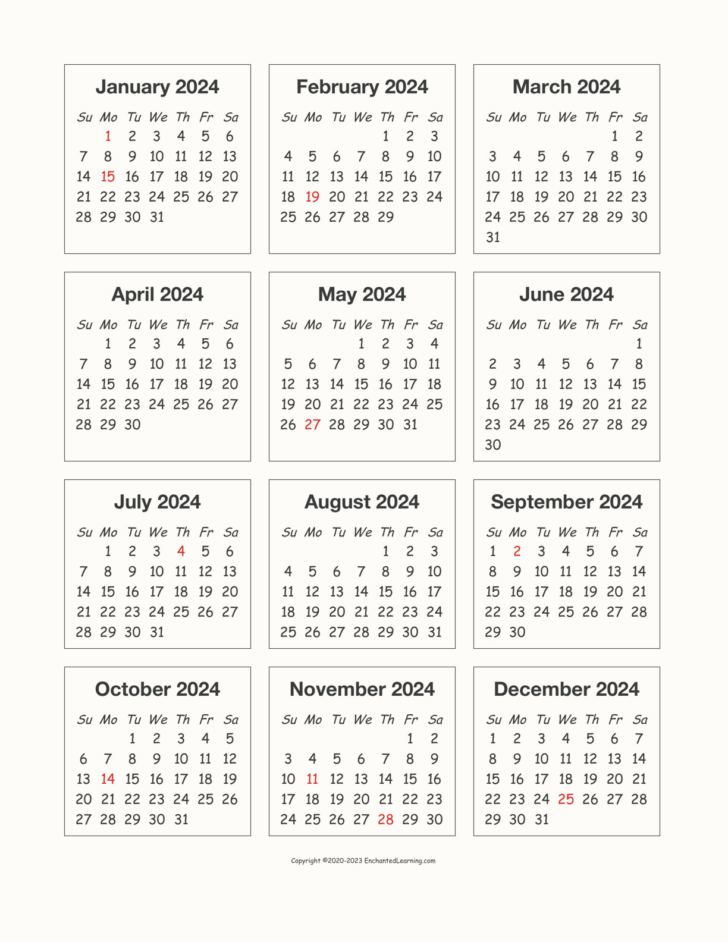 2024 12 Month Calendar On One Page Printable | Calendar 2024