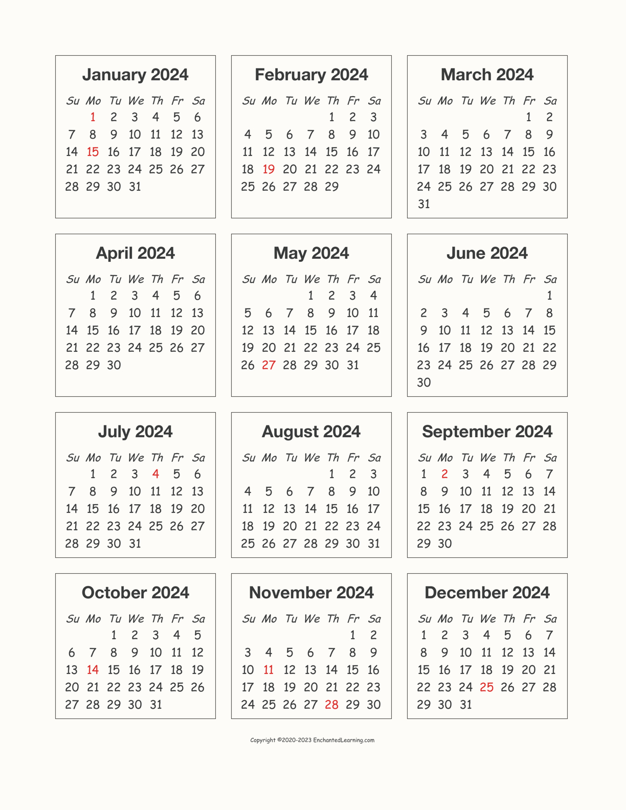 2024 12 Month Calendar On One Page Printable Calendar 2024