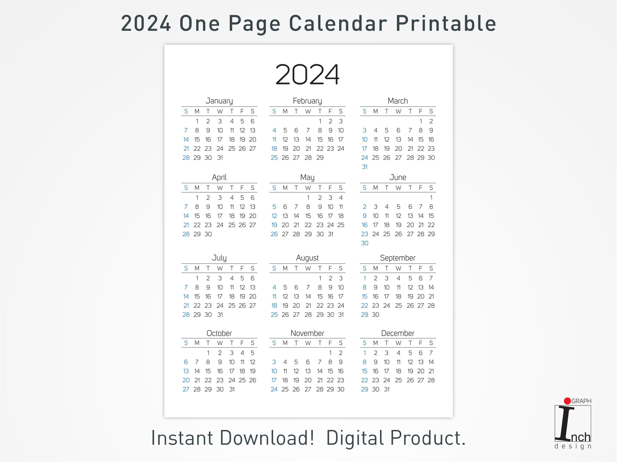 2024 Printable Calendar 12 Months One Page Calendar Wall Calendar | 12 Month Printable Calendar 2024