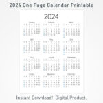 2024 Printable Calendar 12 Months One Page Calendar Wall Calendar | 2024 12 Month Calendar On One Page Printable