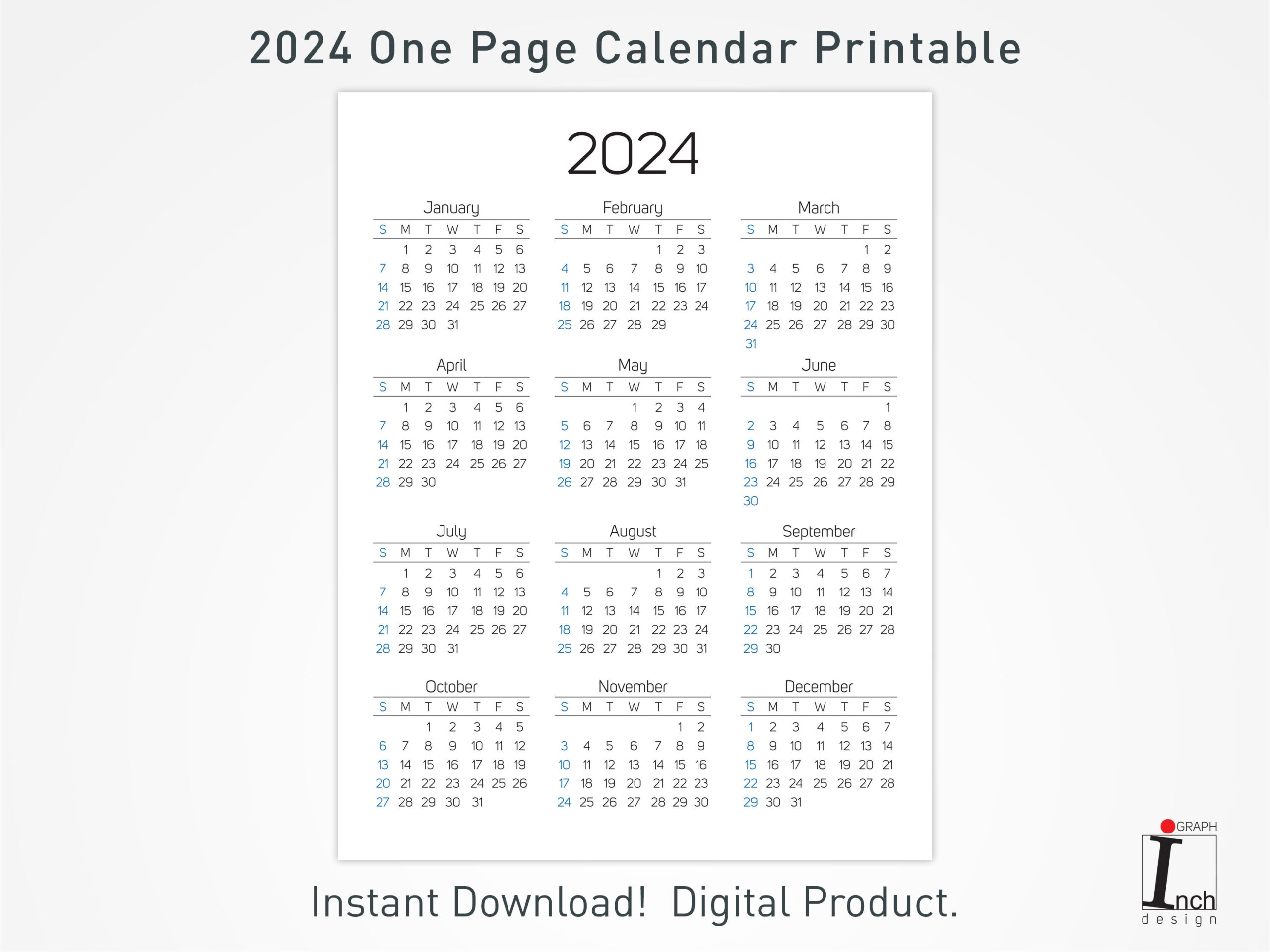 2024 Printable Calendar 12 Months One Page Calendar Wall Calendar | 2024 12 Month Calendar On One Page Printable