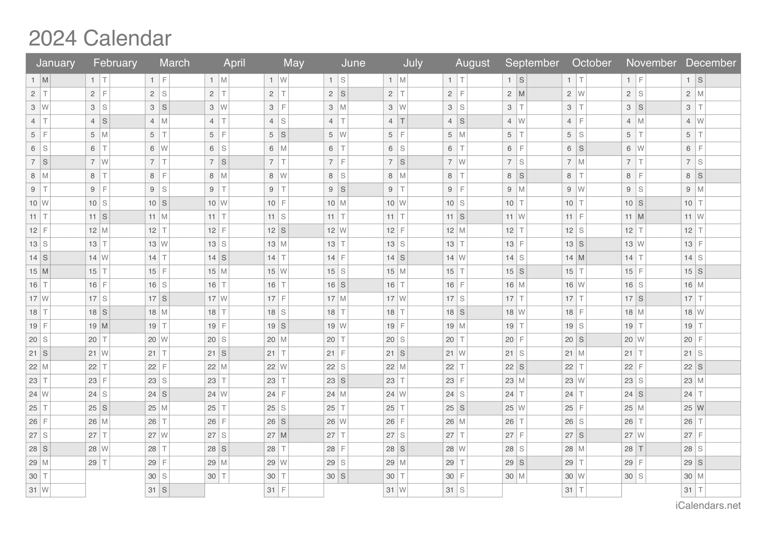2024 Calendar in Excel Printable Calendar 2024 Printable Calendar 2024
