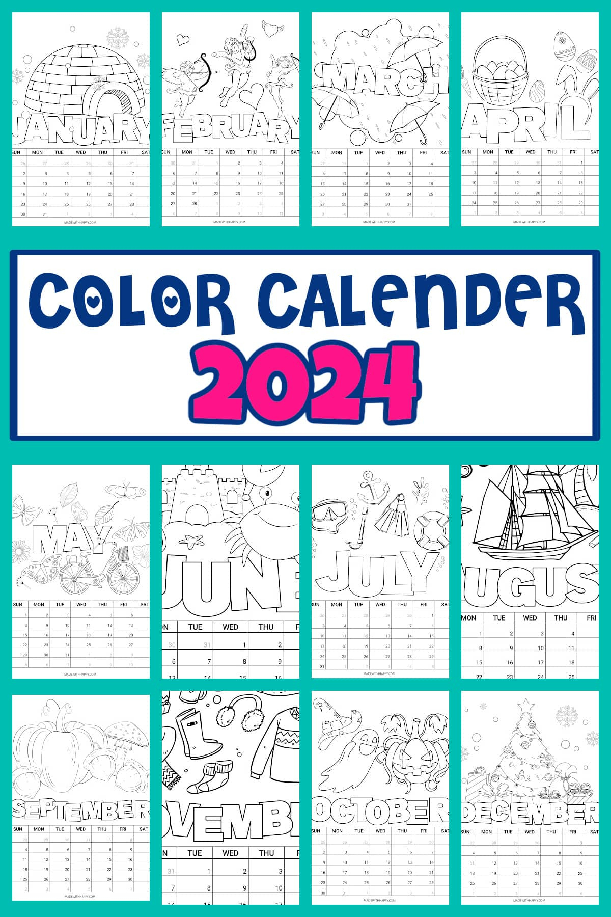 2024 Printable Coloring Calendar For Kids - Made With Happy |  Calendar 2024