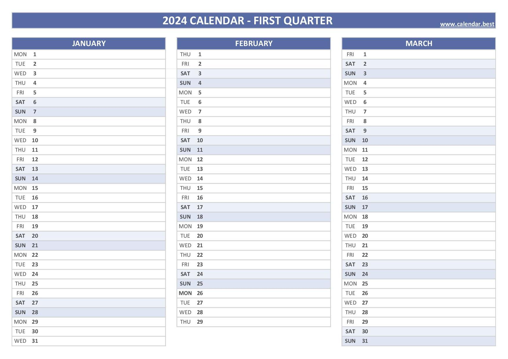 2024 Quarterly Calendar To Print |  Calendar 2024