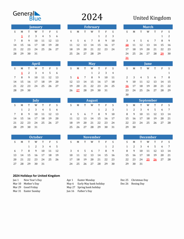 2024 Calendar UK with Bank Holidays Printable | Calendar 2024