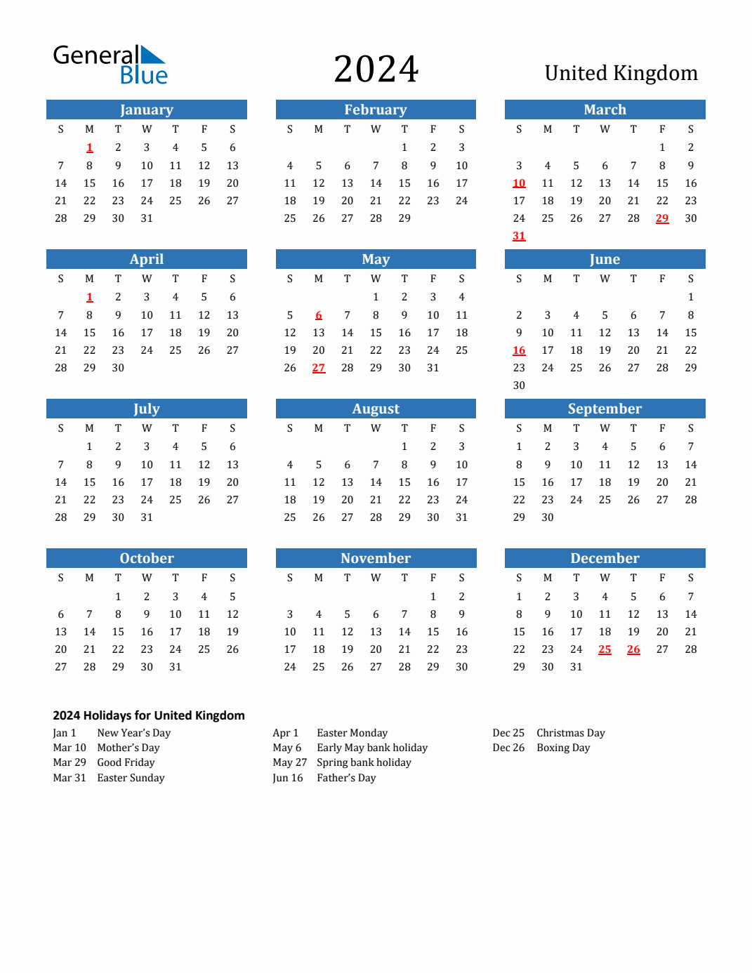 2024 United Kingdom Calendar With Holidays | 2024 Calendar Uk With Bank Holidays Printable