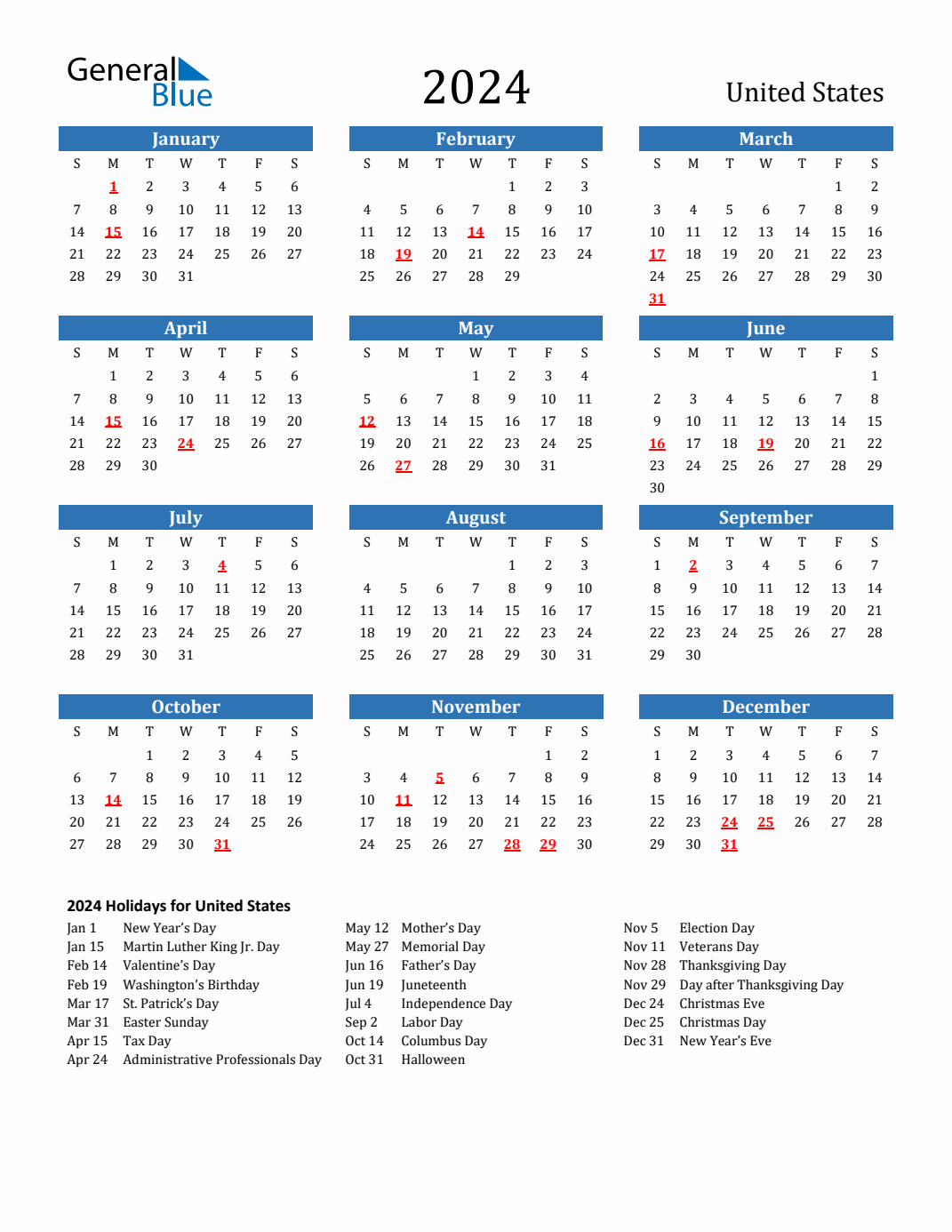 2024 United States Calendar With Holidays | 2024 Calendar with Holidays Printable Excel