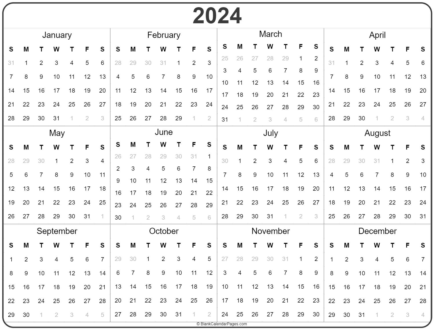 2024 Year Calendar | Yearly Printable | 12 Month Printable Calendar 2024
