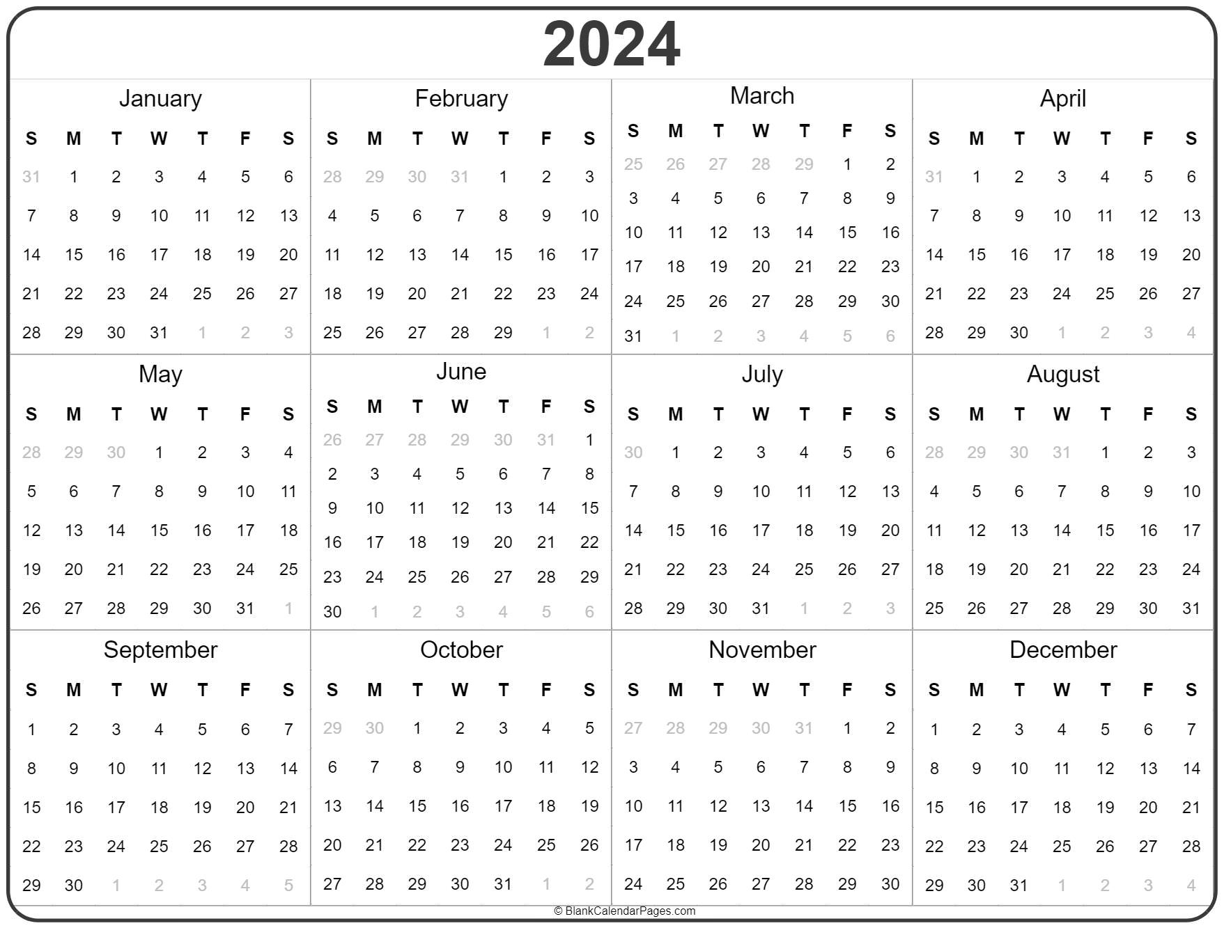 2024 Year Calendar | Yearly Printable | 2024 At A Glance Calendar Printable