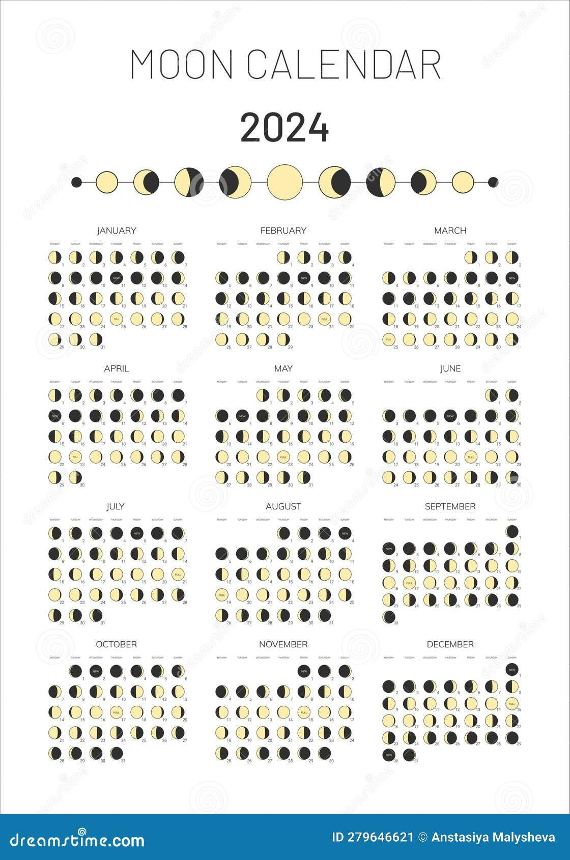 2024 Year Moon Calendar Template, Moonlight Activity Stages | 2024 Full Moon Calendar Printable